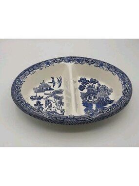 Vintage Churchill England Blue Willow Divided Oval Vegetable Serving Dish Bowl